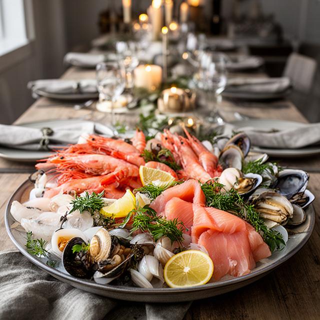 Overdådig sjømatfat med reker, røkt fisk og lokale urter på et festdekket bord i Trøndelag