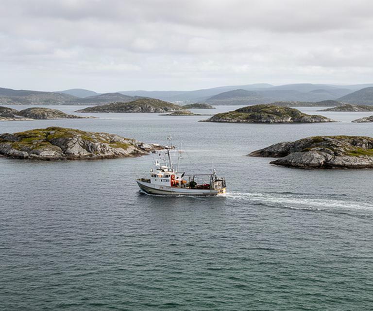 Kystlandskap i Trøndelag sett fra sjøen med fiskebåt og holmer langs distribusjonsområdet