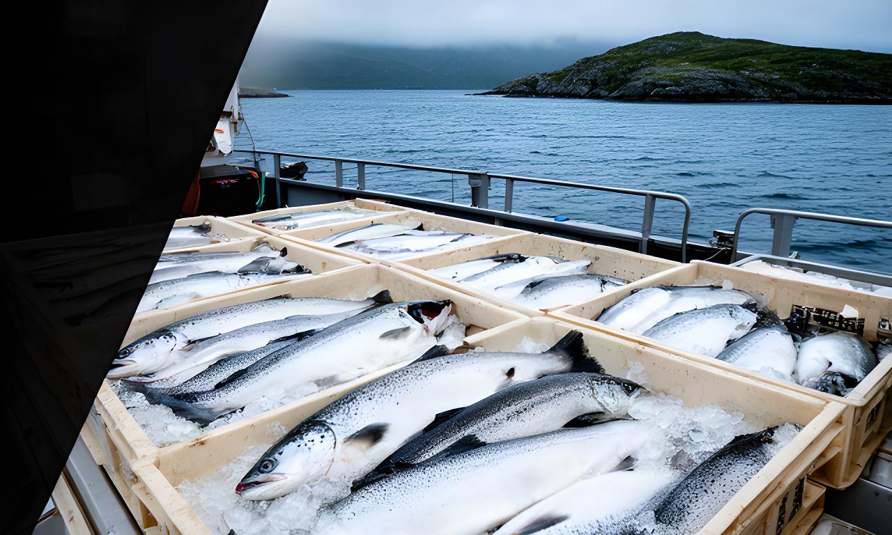 Nypakket hvitfisk på is om bord i en fiskebåt langs Trøndelagskysten