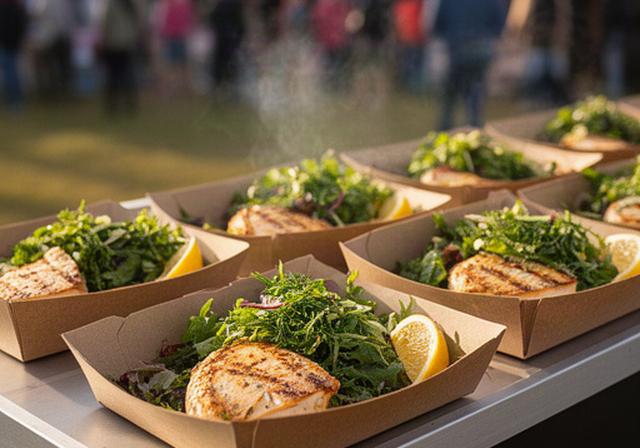 Porsjonspakket grillfisk med salat og urter klar for festivalservering utendørs