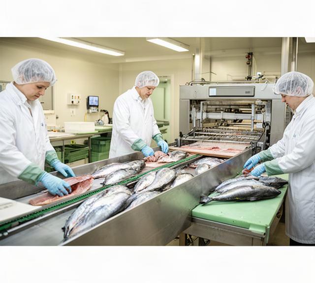 Ansatte i hvite frakker ved en moderne fileteringslinje med fersk fisk i Steinkjer