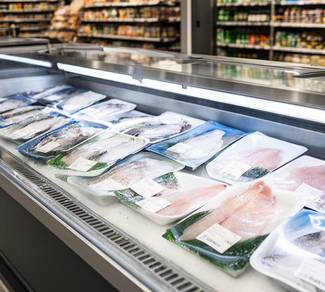 Pent emballerte norske fiskefileter i en opplyst kjøledisk i dagligvarebutikk