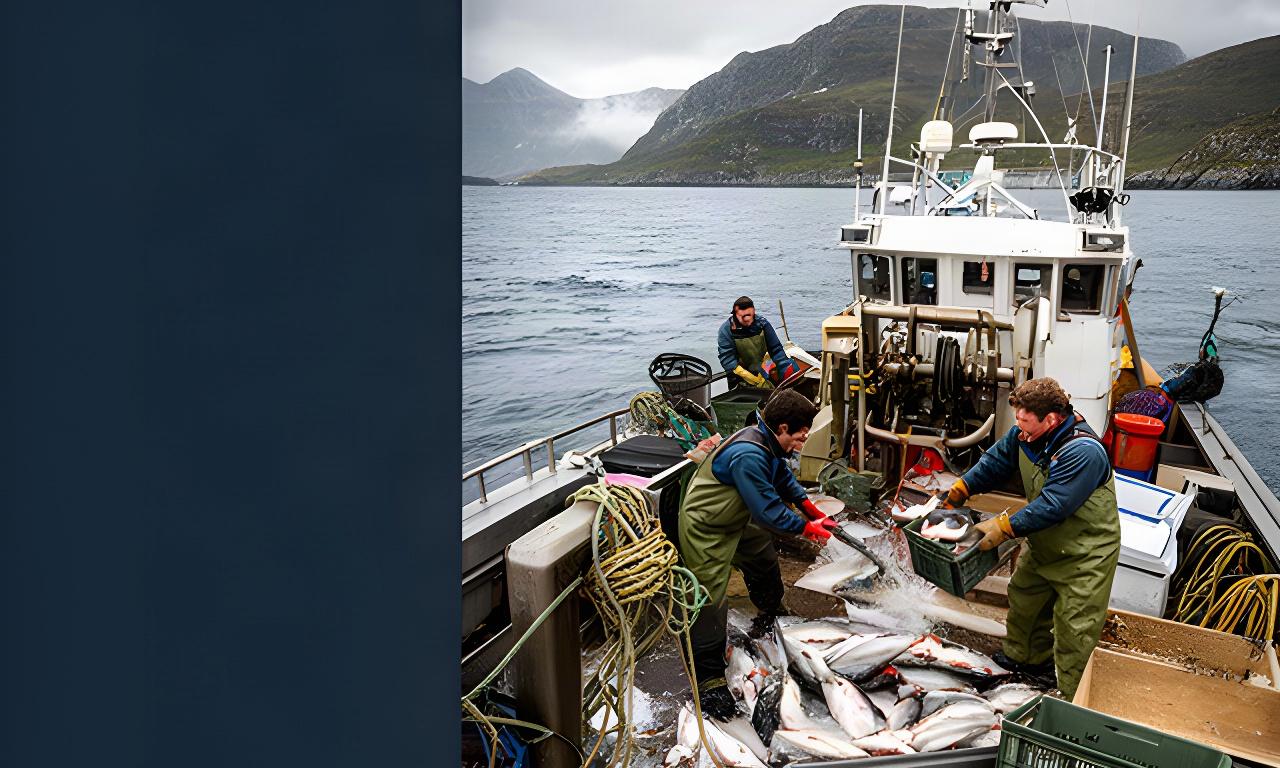 Fiskefartøy i kystlandskapet utenfor Trøndelag med fangsthåndtering på dekk