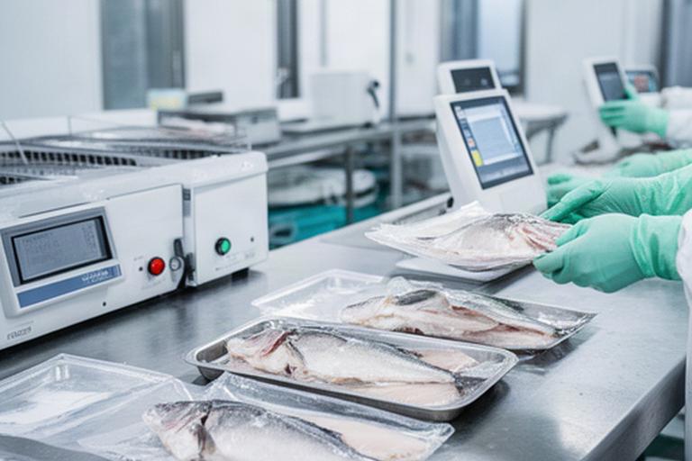 Arbeidsflate i et ryddig sjømatanlegg med kjøleutstyr og pakket fisk klar for kontroll