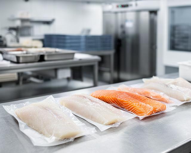 Merkede porsjonspakker med torsk og laks på arbeidsbenk i et produksjonskjøkken