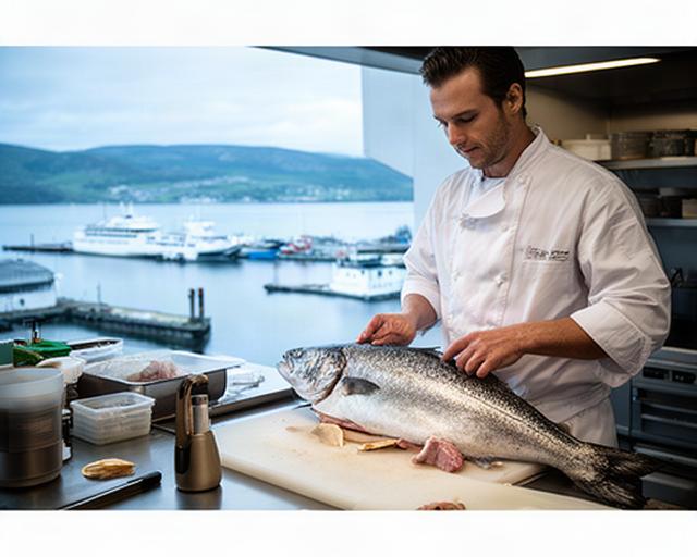 Kokk som håndterer en hel fersk fisk ved et restaurantkjøkken med havnen i Steinkjer i bakgrunnen