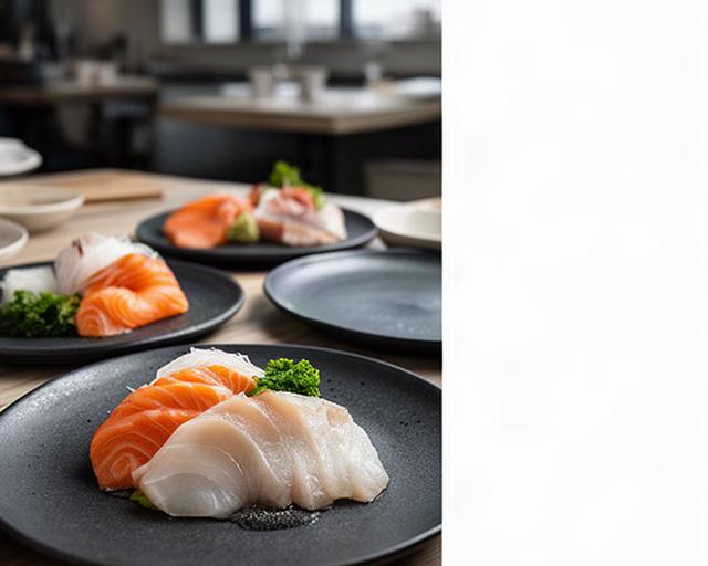Sashimi av laks og kveite anrettet på mørk keramikk i en nordisk gourmetrestaurant