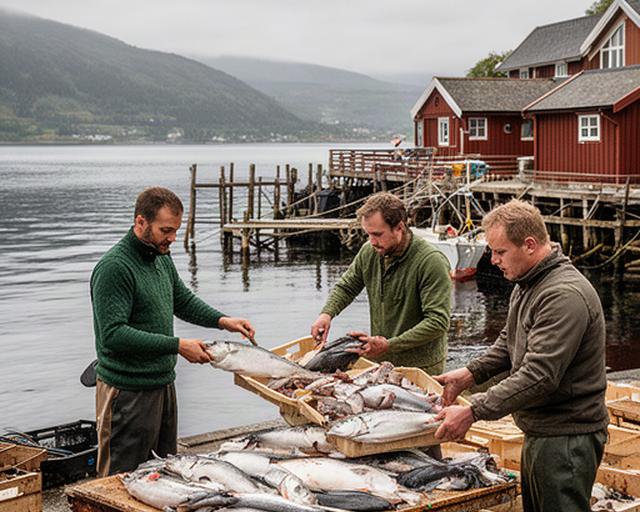 Fiskere som klargjør dagens fangst ved en liten kai i Trøndelag med fjord og trehus i bakgrunnen