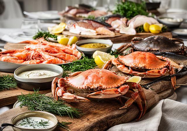 Trøndersk sjømatbuffet med krabbe, reker og kaldrøkt fisk på trebrett