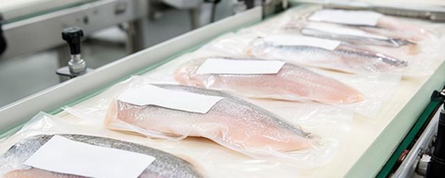 Ferdig vakuumpakkede fiskefileter med etiketter på pakkelinje